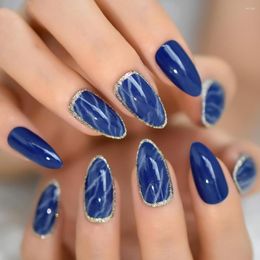 False Nails Glossy Blue Marble Stiletto Silver Glitter Pre Designs Medium Fake Nail Manicure Artificial Women Deco Tips