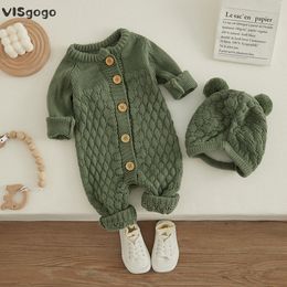 Rompers VISgogo Baby 2PCS Winter Jumpsuit Outfits Infant Boys Girls Clothes Long Sleeve Solid Colour Knitted Romper Bear Hat Set 230317