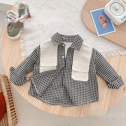 Kids Shirts Spring autumn unisex baby patchwork plaid shirt kids Korean style casual shirts 230317