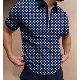 Men's Polos Summer Casual Fashion Zipper Digital Printed Stripe Plaid Pattern Mens Polo Shirts Short Sleeve Men Clothing 230317