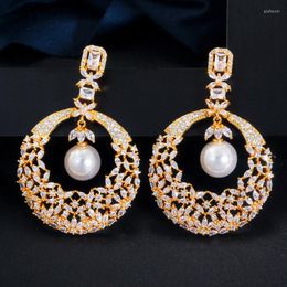 Dangle Earrings Luxury Hollow Flower Dangling Simulated Pearl Dubai Gold Plated Cubic Zirconia Hypoallergenic Long Drop Women