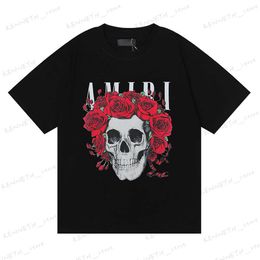 Men's T-Shirts Meichao style rose skull printed cotton short sleeve men and women with large pullover T230317