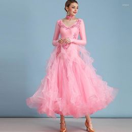 Bühnenkleidung Standard-Ballsaal-Tanzkleider von hoher Qualität Langarm-Flamenco-Tanzrock Frauen-Walzer-Kleid
