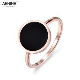 Band Rings AENINE Bohemia Party Ring For Women Girls Trendy Rose Gold Colour Round Black Acrylic Stone Stainless Steel Rings Jewlery AR17041 G230317