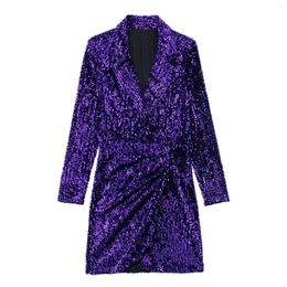 Casual Dresses Clothland Women Sequined Shiny Dress Wrap Style Cross V Neck Long Sleeve A Line Sexy Party Club Event Wear Mini QB570