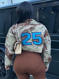 Women's Jackets Sifreyr Fashion Letter Camouflage Cropped For Women Pockets Buttons Crop Tops Female Streetwear Y2K Casual Coats