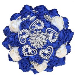 Wedding Flowers Beautiful Rhinestones Bride Bridesmaid Brooch Bouquet Royal Blue Diy Pearl Diamond Satin Rose Supplies BL001