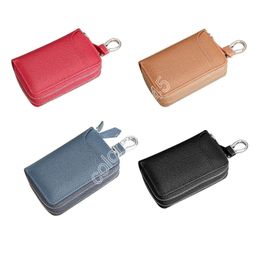 Portable Leather Double Zipper Key Wallet Retro Men Women Solid Color Car Key Holder Bag Home Car Keys Protector Cover Purse