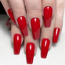 False Nails 24Pcs Glossy Red Artificial Press On Long Ballerina Coffin Fake With Jelly Glue DIY Full Cover Manicure Tool