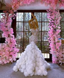 Sexy Mermaid Wedding Dresses Sleeveless V Neck Hollow Beaded Sequins Appliques Lace Hollow Folds Train Layer Zipper Bridal Gowns Plus Size Vestido de novia Custom