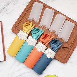 Dinnerware Sets Portable Reusable Spoon Fork Travel Picnic Chopsticks Wheat Straw Tableware Cutlery Set With Carrying Case For Student