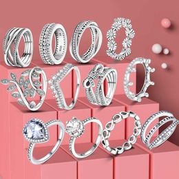 Band Rings 2023 Fashion 925 Silver Princess Tiara Crown Sparkling Love Heart Rings for Women Jewelry Anniversary Gift G230317