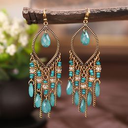 Dangle & Chandelier Bohemian Antique Gold Color Long Water Drop Tassel Earrings for Women Vintage Colorful Geometric Drop Dangle Earrings Jewelry