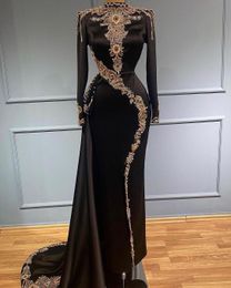 Ny svart prom klänning arabisk aso ebi muslim spets pärlor kristaller långärmad kväll formell formell parti andra mottagning engagemang klänningar gb0906