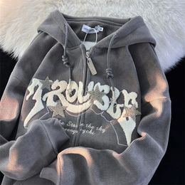 Womens Hoodies Sweatshirts American Y2K Hoodie Corduroy Embroidered Hooded Sweatshirt Men Women Drape Lazy Trend Cardigan Jacket Tops Streetwear 230317