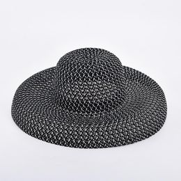 Wide Brim Hats Summer Women Big Round Top Black Grey Sun Handmade Straw Luxury Elegant Solid Outdoor Beach