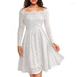 Casual Dresses Temperament Elegant Boutique Sexy Lace One-word Neck Off-the-shoulder Long-sleeved Short-sleeved Dress Hollow Out White