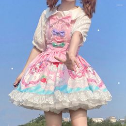 Vestidos casuais kawaii macio feminino japonês doce lolita vestido estilo vintage colar de colarinho de desenho animado bolo de renda sem mangas jsk princesa