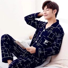 Men's Sleepwear Summer Casual Striped Cotton Pyjama Sets for Men Short Sleeve Long Pants Sleepwear Pyjama Male Homewear Lounge Wear Clothes 230317