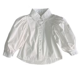 Kids Shirts HoneyCherry Girl's Solid Colour Shirt Cotton Bubble Sleeve Doll Shirt White Blouse 230317