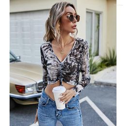 Women's T Shirts Summer Spring Crop Top Long Sleeve Women Black Sexy Shirt V Neck Casual Tee Mujer Ladies 2023 8056