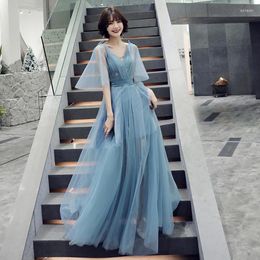 Ethnic Clothing Sexy Elegant Evening Dress Full Floor Lenght Beading Flowers Beautiful Formal Dresses Blue Grey Lantern Sleeve Long Party