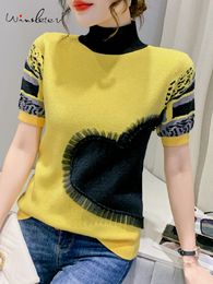 Women's T-Shirt Colour Block T-shirt Women Knitwear Appliqued Mock Neck Short Sleeve Stretchy Tops Tees Spring Summer T23707X 230317