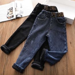 Jeans Winter Kids Girls Jeans Slim Casual Pants Black Blue Denim Fleece Thermal Straight Trousers For Children Versatile Stretch Jeans 230317