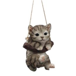 Decorative Objects Figurines Cat Hanging Garden Statue Cute Collection Decoration Outdoor Tree Miniature Scpture Ornament Kid Drop Dhsjn