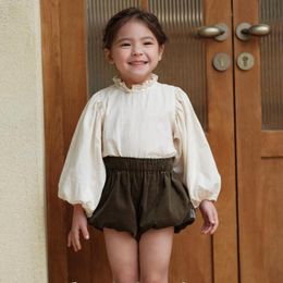 Kids Shirts Japanese Korean Sweet Children's Cotton Lantern Sleeve Lace Stand Collar Baby Girl Shirt Top Blouse Baby's Lamp Shorts Sets 230317