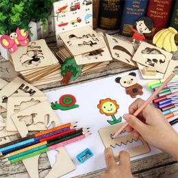 Drawing Painting Supplies 100Pcs Kids Wooden Drawing Stencils Kit Drawing Board Toys Colouring Puzzle Arts Crafts Set Box Educational Toys for Children 230317