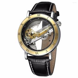 Wristwatches Luxury Transparent TourbIiion Dial Golden Case Roman Number Skeleton Automatic Self Wind Mechanical Mens Watch Black Leather