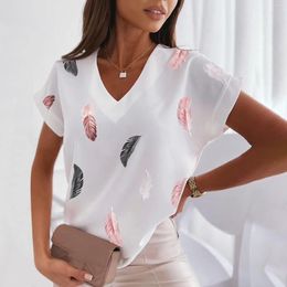 Women's T Shirts DAYIFUN Elegant Blouses Women V-neck Feather Printed Tee Clothes Casual Tops Summer Short Sleeve Femme Blusas Streetwear