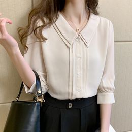 Women's Blouses Shirts Summer Korean Half Sleeve Peter Pan Collar Button Chiffon Women Blouse Shirts Tops Female School Uniform Girls Shirt JW9977 230317