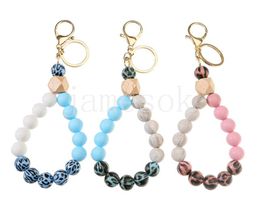 Fashion Silicone Leopard Keychain For Keys Wood Beads Bracelet Keyring For Women Accessories Multicolor Keychain Jewellery Gifts DF107