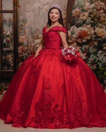 Red Bling Bling Abiti Quinceanera Ball Gown 2023 Appliques Off spalla Sweet 16 Dress Abito da festa Abiti da 15 anni