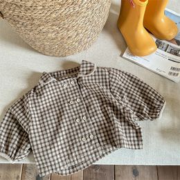 Kids Shirts deer jonmi Spring Korean Style Baby Girls Plaid Blouses Peter Pan Collar Bat Sleeve Toddlers Kids Cotton Linen Blouses 230317