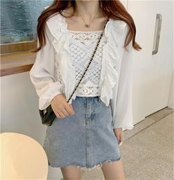 Women's Blouses Korean Fashion Ruffle White Shirt Women Long Sleeve Elegant Blouse Sexy Crop Top Hollow Out Crochet Boho Blusa Mujer 2023