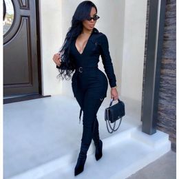 Women's Jumpsuits & Rompers Long Sleeve One Piece Womens Jumpsuit Fitness Lace Up Oversized Playsuit Women Solid V Neck Elegant Clothes 2023