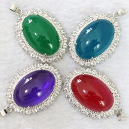 Pendant Necklaces Semi-precious Stone Natural Jades Chalcedony 30x40mm 4colors Oval Rhinestones Charms Women Jewelry Accessories B1105