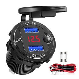 Quick Charger Aluminium QC3.0 Dual USB Car Charger with Switch Button LED Voltage Display for 12V/24V Cars Boats Motorcycle