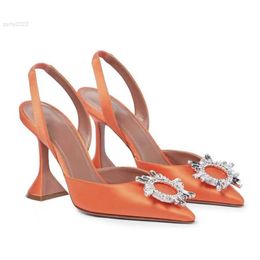 Sandals 2022 New crystal buckle rhinestone high-heeled sandals with pointed toe sandals for ladies wedding shoes yellow green orange