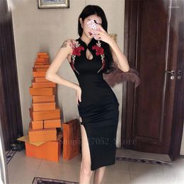 Ethnic Clothing Women Sexy Red Rose Cheongsam Dress Black High Split Hollow Out Chinese Qipao Vintage Gothic Slim Waist Evening Party Long