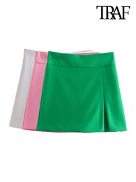 Women's Shorts TRAF Women Fashion Front Slit Green Skirts Vintage High Waist Side Zipper Female Skort Mujer 230317