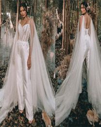 Sparkle Jumpsuit Country Wedding Dress 2023 With Long Shoulder Sexy V Neck Satin Pant Beach Boho Bridal Gowns Elegant Beaded vestidos de novia robe de mariee