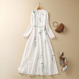 2023 Spring White Bamboo Leaf Print Dress Long Sleeve V-Neck Panelled Hot Drilling Midi Casual Dresses S3M160316 Plus Size XXL