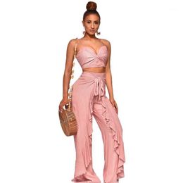 Women's Tracksuits 2023 Women Spaghetti Strap Plunging V-neck Crop Top Tie Up Ruffles Loose Pant Suits Two Piece Set Beach Outfit