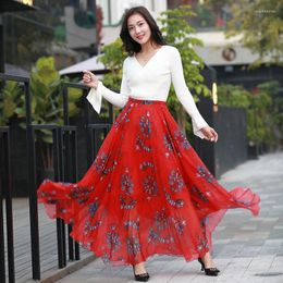 Skirts Fashion Long Chiffon Women Clothing Elegant Floral Print Boho Skirt Plus Size Summer Swing Pleated C462
