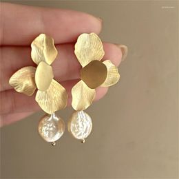 Stud Earrings Irregular Retro Metal Petal Pearl Pendant For Women With European And American Style Fashion Jewellery Girl Gift