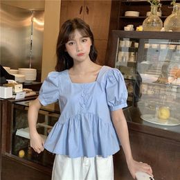 Women's Blouses Women Summer Puff-sleeve Shirts Pleated Ruffles Square Collar Sweet Girls All-match Students Kawaii Korean Style Chic
